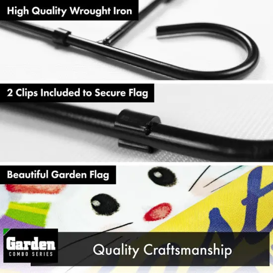 G128 Combo Pack: Garden Flag Stand Black 36x16 Inch & Garden Flag Easter Greetings with White Bunny Eggs 12x18 Inch {3}