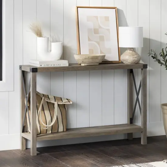 Modern Wood Finish Entryway Console Table with Lower Shelf and Metal Accents for Shoes or Decor Grey {1}