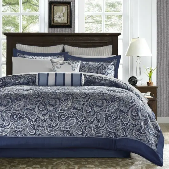California King 12 Piece Reversible Cotton Comforter Set Hypoallergenic Bed In A Bag Navy Blue {1}
