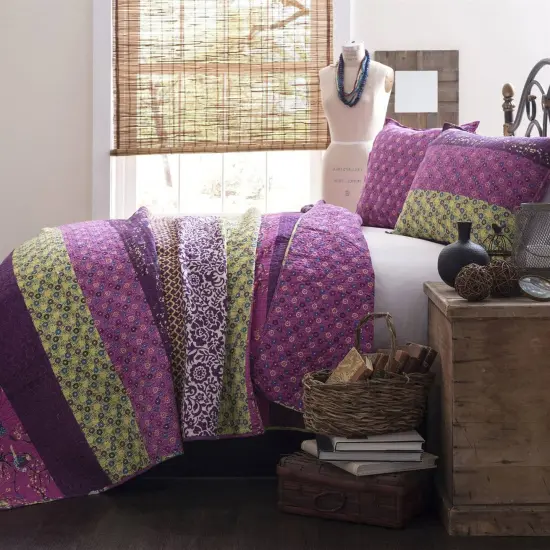 Lightweight Purple Yellow Quilt Set 3-Piece Cotton Blend Reversible Striped Design for Summer {1}