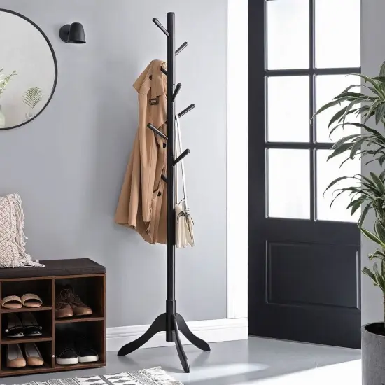 68.9&rdquo; Tall Space Saving Solid Wood Coat Rack with 8 Hooks and Triangular Base for Home or Office Black {1}