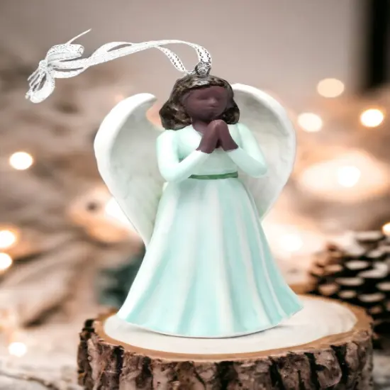 Ceramic African American Praying Angel Ornament, Religious D&eacute;cor, Religious Gift, Church D&eacute;cor, Church Gift, Baptism Gift {1}