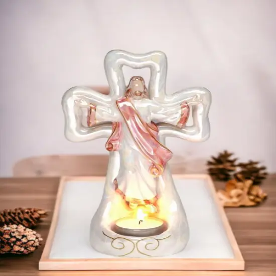 Ceramic Jesus with Cross Tealight Candle Holder, Religious D&eacute;cor, Religious Gift, Church D&eacute;cor, Church Gift, Baptism Gift {2}