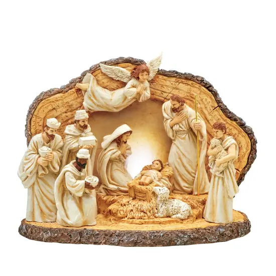 Collections Etc Hand Painted Lighted Rustic Tabletop Nativity Scene {2}