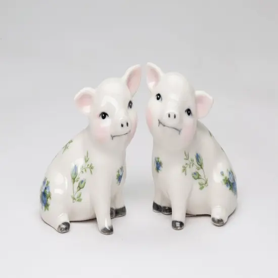 Ceramic Victorian Pig With Blue Rose Pattern Salt And Pepper Shakers, Farm Country House Decor, Gift for Mom {2}