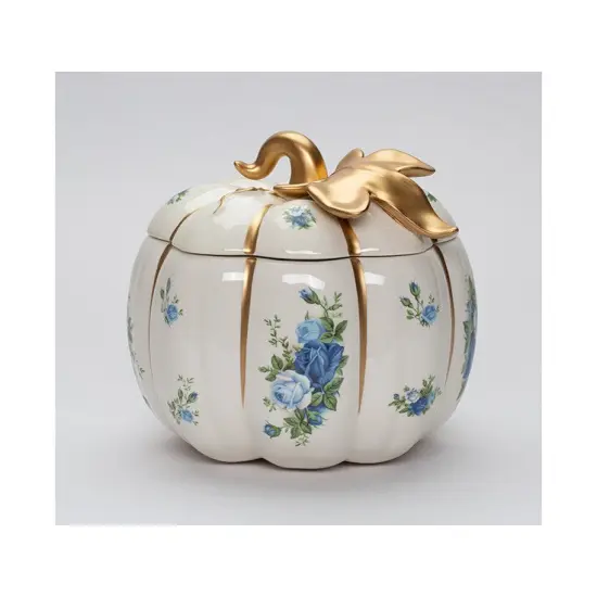 Ceramic White Pumpkin Jar with Blue Roses, Spring Decor, Kitchen Decor, Gift for Mom {2}