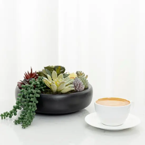 8-Inch Artificial Succulent Plant Arrangement, Assorted Fake Plants in Modern Black Round Concrete Planter Bowl {4}