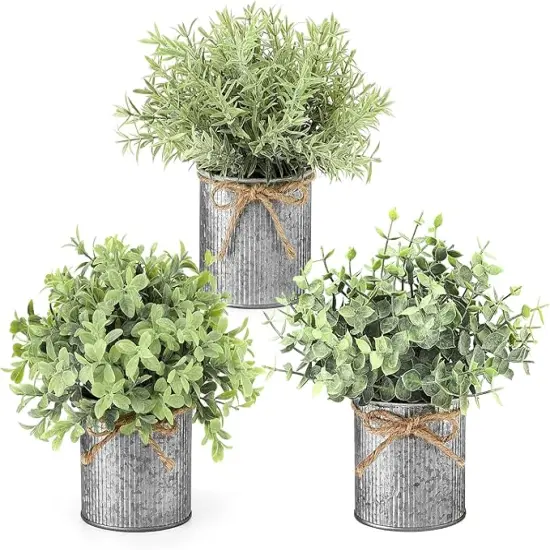 Small Fake Plants in Farmhouse Galvanized Metal Pots 3 Pack Potted Artificial Plant Eucalyptus for Laundry Room Bathroom Shelf Table Decor {1}