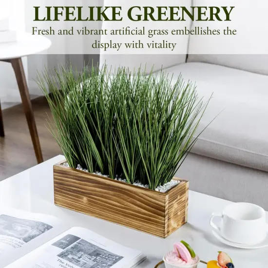 Artificial Grass Plants in Rustic Burnt Solid Wood Planter Box, 12 Inch Decorative Wooden Container with Faux Greenery Plant, Indoor Table Decor {2}