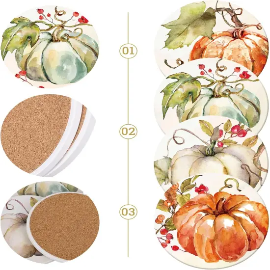 4 Pack - Fall Pumpkin Coaster Autumn Round Drink Coasters {2}