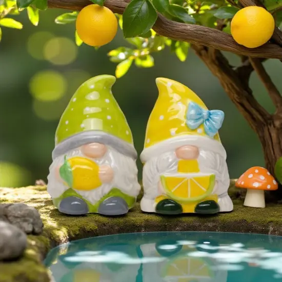Ceramic Summer Lemon Gnome Salt and Pepper Shakers, Gnome Lover Gift, Fairy Garden Decor, Summer Decor, Kitchen Decor {1}