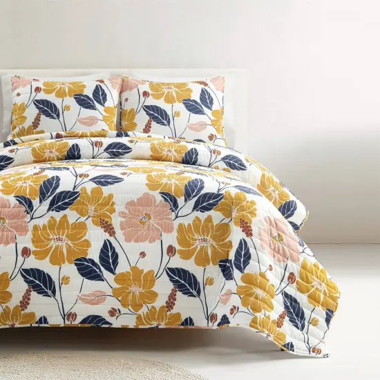 Orange Yellow Pink Navy Blue Cotton Quilt Set with Polyester Fill {1}
