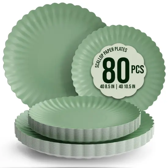 Earthtrends Scalloped Paper Plates 8.5 Inch & 10.5 Inch Dinner Plate Set &ndash; Fancy Disposable Plates for Party, Wedding, Birthday, Baby Shower &ndash; Large & Small Paper Plate Set for Parties, Events, Catering &ndash; ElegantFloral Design Matcha {7}