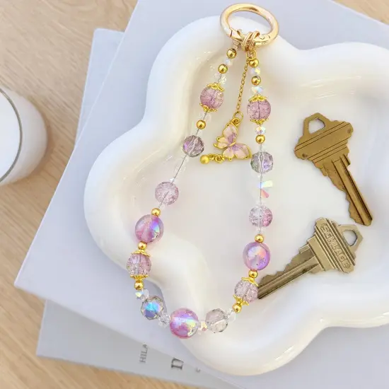 Wrapables Sparkling Beaded Cell Phone Wrist Strap, Keychain, Bag Charm with Lanyard Tether Tab, Purple Butterfly {4}