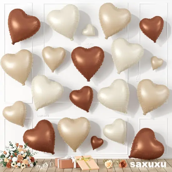 Brown Cream Heart Balloons, Heart Shaped Ballons, 20 Pcs 5/10/18 inch Apricot Beige Coffee Foil Love Balloons for Valentine's Day Wedding Engagement Bridal Showers Anniversary Celebrations {1}