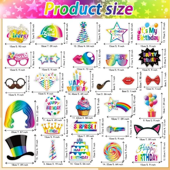 29 Pieces Birthday Photo Booth Props Kit Colorful Funny Kids Adult Birthday Theme Table Centerpiece Craft Cutouts with Bamboo Sticks& Stickers for Party Celebration Decorations {3}