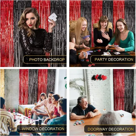 Casino Theme Party Decorations, 3 Pack Red and Black Birthday Party Supplies 3.3 x 6.6ft Tinsel Foil Fringe Curtains Photo Booth Props Backdrop Streamers, House Room Decor for Las Vegas Party {4}