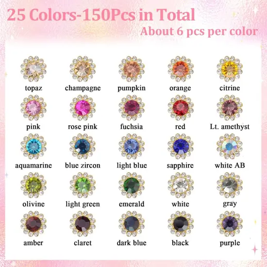 150 PCS 25 Mixed Colors Sew on Rhinestones, Crystal Glass with Metal Base Flower Shape Claw Flatback Rhinestones for Crafting, Bedazzling Rhinestones for Clothes Shoes Hats Bags & Sewing Accessories {2}