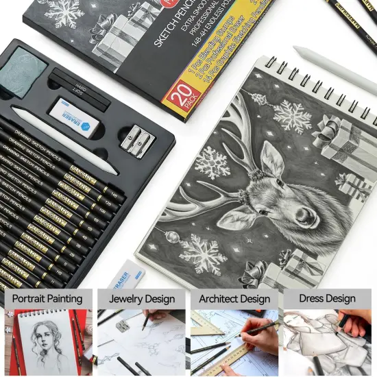 Drawing Sketching Pencil Set, 20 Piece Pro Art Pencil Sketch Kit, Graphite Pencils (14B-4H), Ideal for Drawing Art, Sketching, Shading, Artist Pencils for Beginners & Pro Artists {3}
