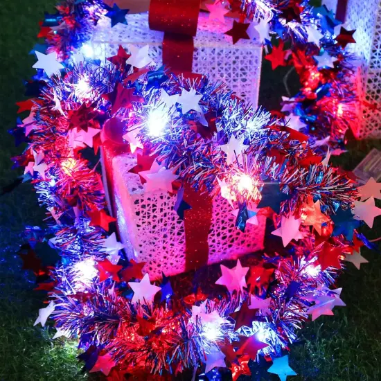 4th of July Patriotic Decorations, Red White and Blue Star Garland with 20Led Copper Fairy Lights, 2PACK Each 6.6Ft Tinsel Garland National Independence Day Decor Party Home Indoor {1}