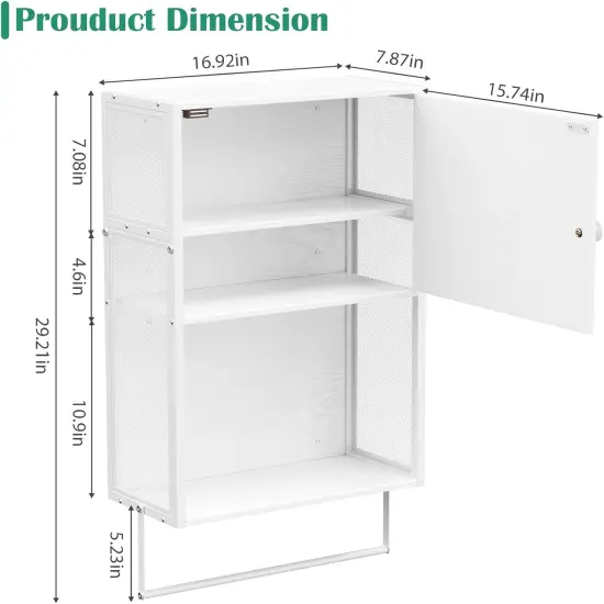 White Wall-Mounted 3-Tier Bathroom Cabinet with Towel Bar - Over Toilet Storage Shelf, Medicine Cabinet for Bathroom, Laundry, Bedroom, Kitchen (7.8"D x 16.9"W x 29.2"H) {2}