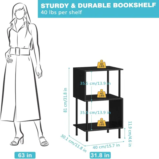 3-Tier S-Shaped Small Bookshelf &ndash; Compact Black Bookcase Organizer for Home Office, Kids&rsquo; Room, Living Room (15.7&rdquo;x11.8&rdquo;x31.8&rdquo;) {2}