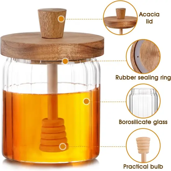 15oz Glass Honey Jar with Dipper Stick and Wooden Lid, Honey Pot with Wooden Dipper, Airtight Honey Containers with Dipper {3}