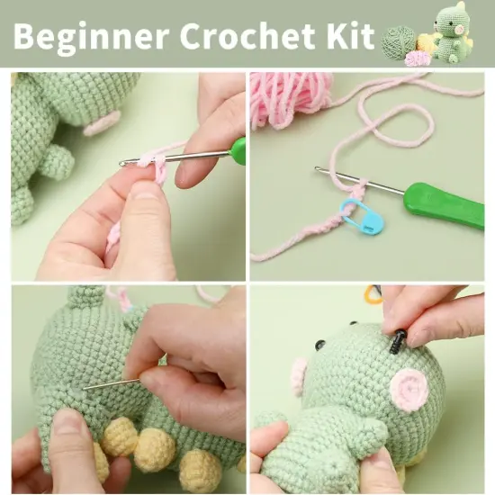Beginners Crochet Kit, Crochet Animal Kit, Knitting Kit with Yarn, Polyester Fiber, Crochet Hooks, Step-by-Step Instructions Video, Crochet Starter Kit for Beginner DIY Craft Art (Dinosaur) {4}