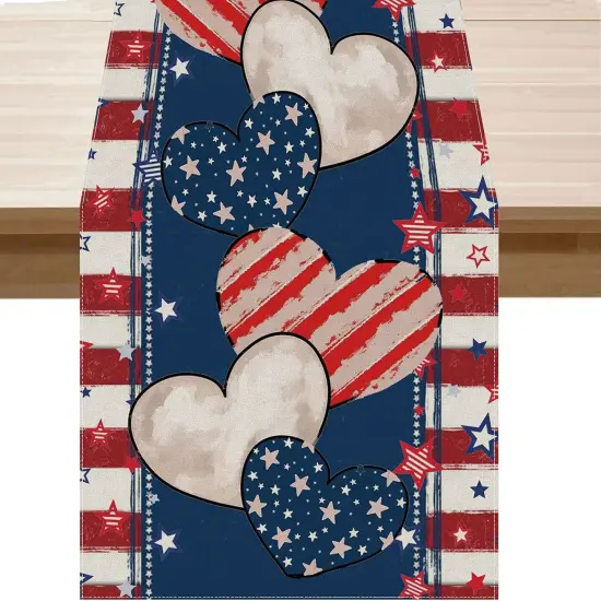4th of July Table Runner Stripe Stars Heart Memorial Day Independence Day Patriotic America Table Decoration Home Kitchen Dining Indoor Holiday Farmhouse Decor {1}