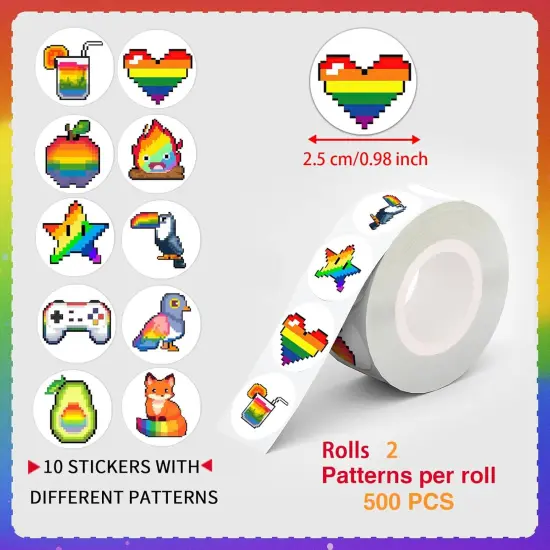 Pixel Pride Rainbow LGBTQ Dot Stickers Roll Labels(1000 pcs) Gay Pride Stuff Decoration Decal Gifts Merch Party Supplies in 2 Rolls with 10 Patterns for Laptop Window Luggage Guitar Skateboard {2}