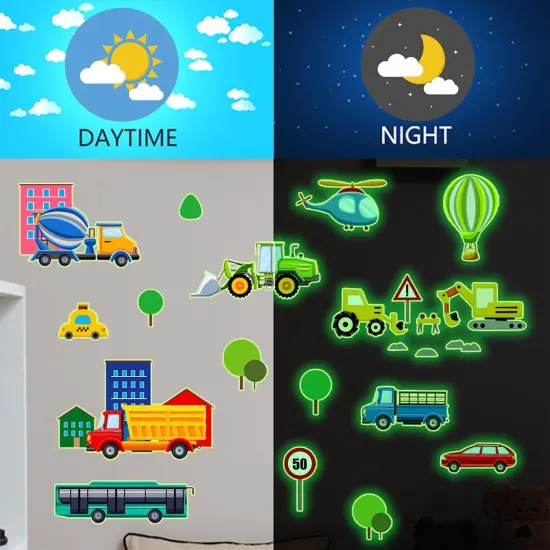 Glow in The Dark Cartoon Construction Vehicle Stickers,DIY Green Luminous City Car Truck Excavator Helicopter Wall Decals for Baby Nursery Boys Bedroom Playroom Wall Decor {3}