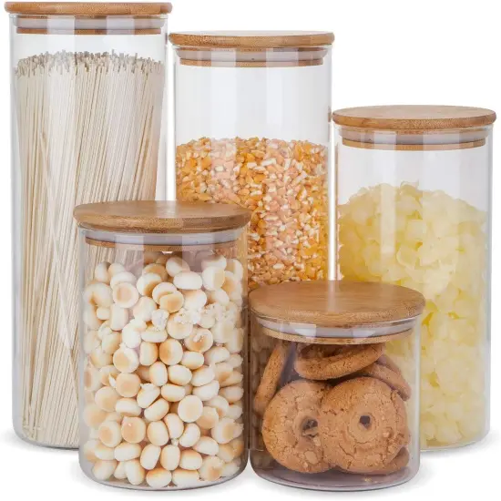 Glass Food Storage Containers Set,Airtight Food Jars with Bamboo Wooden Lids - Set of 5 Kitchen Canisters For Sugar,Candy, Cookie, Rice and Spice Jars {1}
