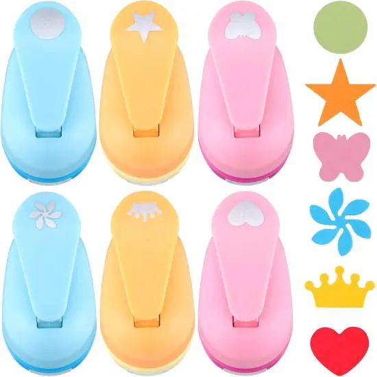 6 Pcs Hole Paper Punches for Crafting Handmade Scrapbook Punches Tools with Craft Sticker Paper, Circle, Star, Heart, Crown, Flower and Butterfly Shapes {1}