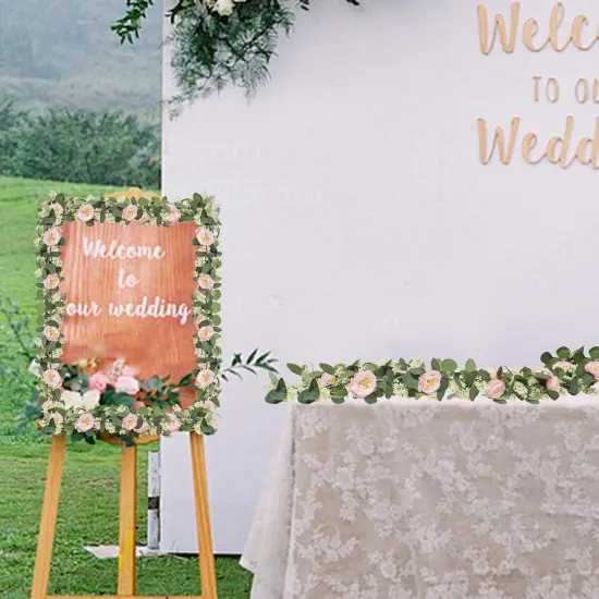 2 Pcs Pink 6.6Ft Artificial Eucalyptus Flower Garland with Fake Rose Flower Vine Seeded Eucalyptus Leaves Greenery Garland for Wedding Table Backdrop Party Centerpiece Room Decor (Pink) {4}