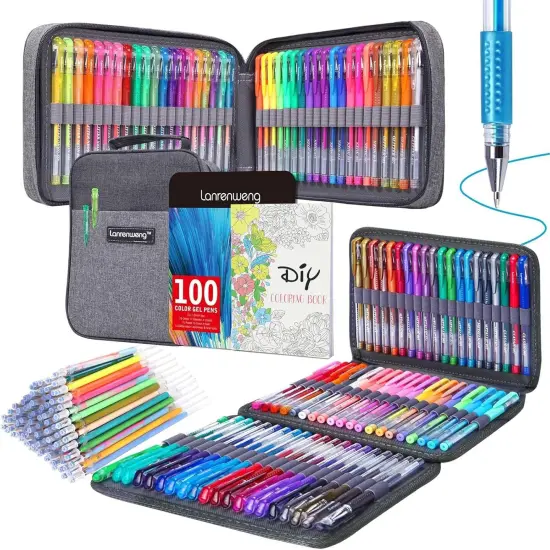 200 Pack Gel Pen Set 100 Colored Gel Pen with 100 Refills,Glitter Gel pens 40% More Ink with Canvas Bag for Kids Coloring Books Drawing Crafts Scrapbooks Journaling Planner {1}
