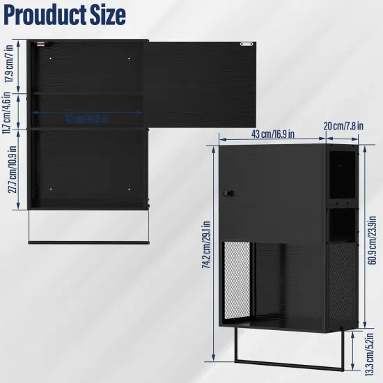 Black Wall-Mounted 3-Tier Bathroom Cabinet with Towel Bar - Over Toilet Storage Shelf, Medicine Cabinet for Bathroom, Laundry Room, Space-Saving Design (7.8"D x 16.9"W x 29.2"H) {2}