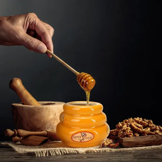 Ceramic Honey Pot with Wooden Dipper - Small Bee Hive Jar Honey Storage with Lid Stir Bar (5 Oz) - Farmhouse Kitchen Decor, Tea Accessories, Dishwasher Safe Honey Dispenser Kitchen Supplies {5}
