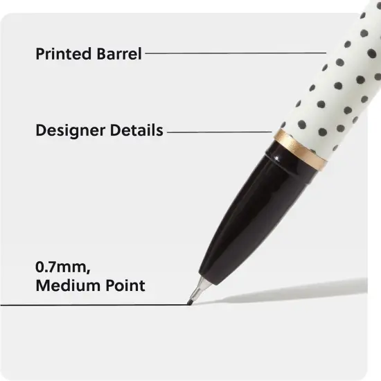 Felt Tip Pens, Set of 12, Stripes and Dots with Gold Details, Medium (0.7 mm) Point, Black Ink {3}