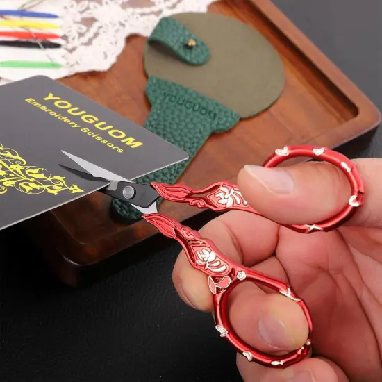 Antique Embroidery Scissors with Case, Needlework Scissors for Sewing Crafting Cross Stitch Crochet Yarn, Detail Shears Threading Snips Vintage Golden Red {4}