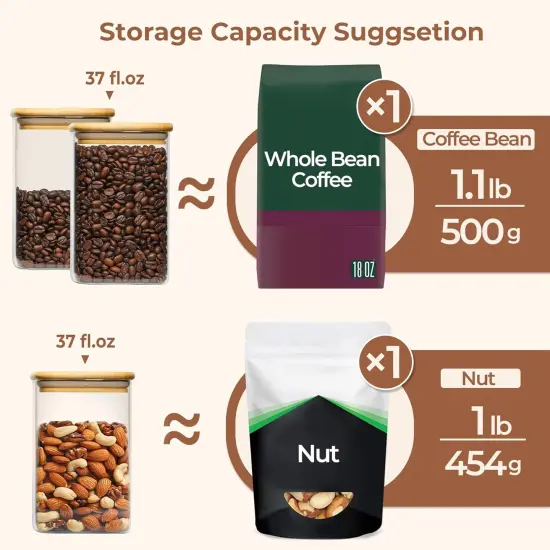 37 oz Glass Storage Containers with Lids, Glass Jars with Lids, Clear Food Jar, Square Canister Set of 6, Pantry Organizers and Storage for Cookie Flour Oat Pasta Tea Coffee Bean {3}