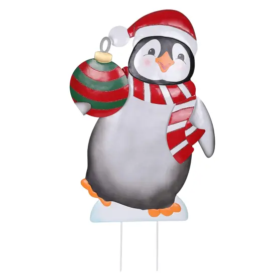 Haute Decor 24 Inch Tall Metal Christmas Penguin Outdoor Yard Decoration - Lawn Stake Included - Large, Cute Holiday Display {1}