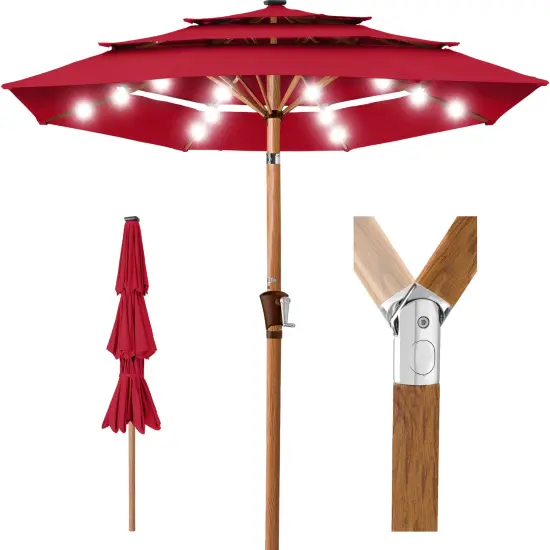 Best Choice Products Woodgrain Pattern 10ft 3-Tier Solar Patio Umbrella w/ 24 LED Lights, Tilt Red {1}