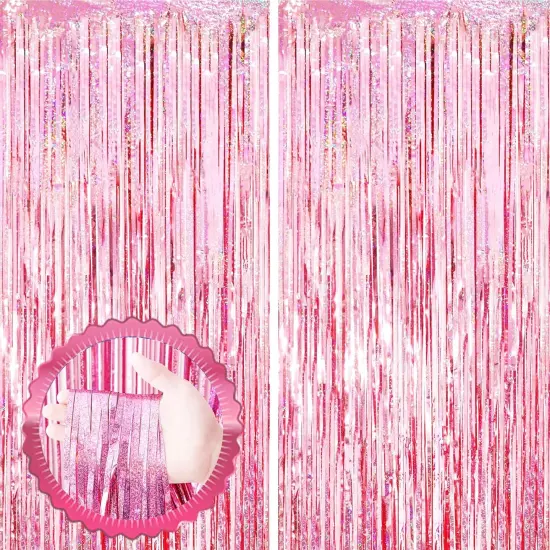 2 Pack Laser Pink Tinsel Foil Fringe Curtains, Valentines Day Pink Decorations, Metallic Tinsel Party Streamers Backdrop for Birthday Bachelorette Graduation Wedding Party Decorations {1}