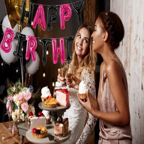 Happy Birthday Balloons Banner Black & Hot Pink 16 Inch {3}