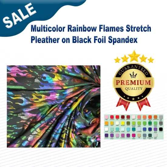 Multicolor Rainbow Flames Stretch Pleather on Black Foil Spandex {2}