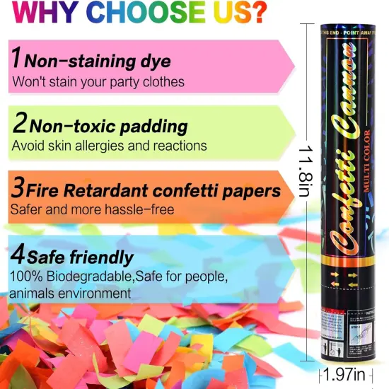 Confetti Cannon 6Pack Biodegradable Confetti Poppers Multicolor Party Confetti Shooters Party Poppers 12inch Cannon Launches 15-20ft for Birthday Wedding Graduation New Years Celebration Decorations {3}
