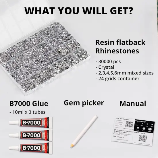30000Pcs Resin Rhinestones for Crafting Bedazzling, Silver Clear Flatback Gem Jewels for Crafts Clothing Clothes Shoes Fabric Tumbler Nails, Flat Back Mixed Sizes Crystal Bedazzler Kit with b7000 Glue {2}
