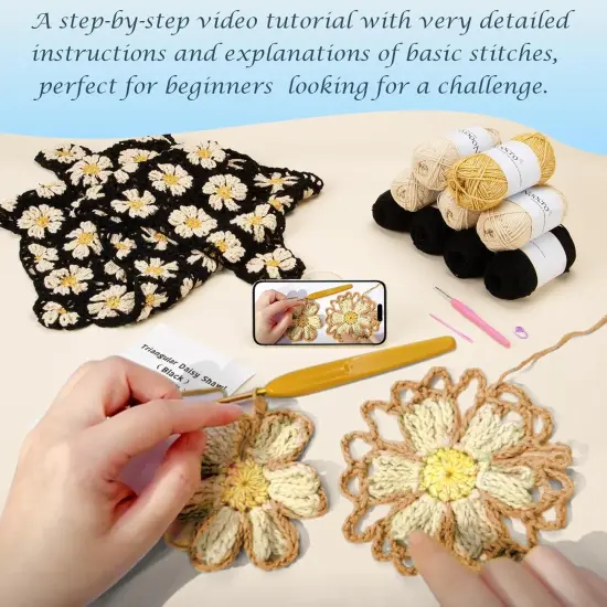 Crochet Kit for Intermediate or Advanced Levels, Complete Craft Kit for a Floral Daisy Shawl with Step by Step Video Tutorials Detailed Instructions, Perfect Holiday Gift or DIY Project (Black) {5}