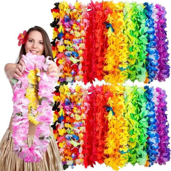 150 Count Summer Garland Hawaiian Lei Bulk, Tropical Luau Hawaii Theme Silk Flower Necklace {1}