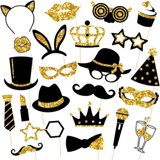 Black and Gold Party Photo Booth Props,24 Pieces Photobooth Picture Pose Sign Kit for Birthday Wedding Party Memorable Photos {1}